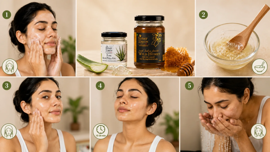 Homemade Face Packs.Homemade face packs with natural ingredients for glowing skin.Homemade face packs using aloe vera and honey for a simple skincare routine.

